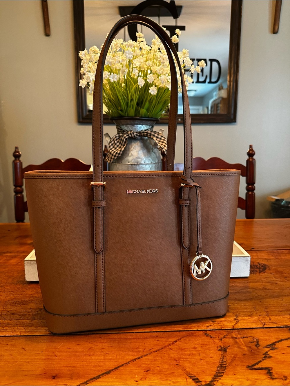 MICHAEL Michael Kors Brown Saffiano Tote with Gold MK Charm